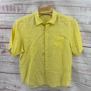 Tommy Bahama Shirt Mens Large Yellow Linen Short Sleeve Button Down Vacation